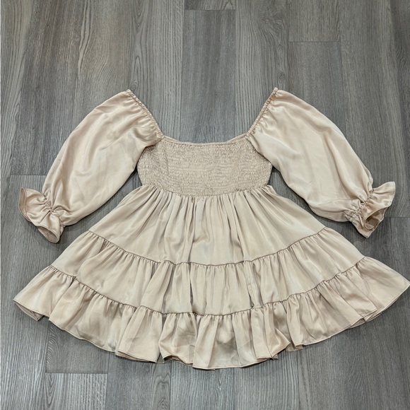 MABLE Size S Ruffle Mini Dress Beige Champagne Emory Smocked SummerDress Women - Picture 11 of 11